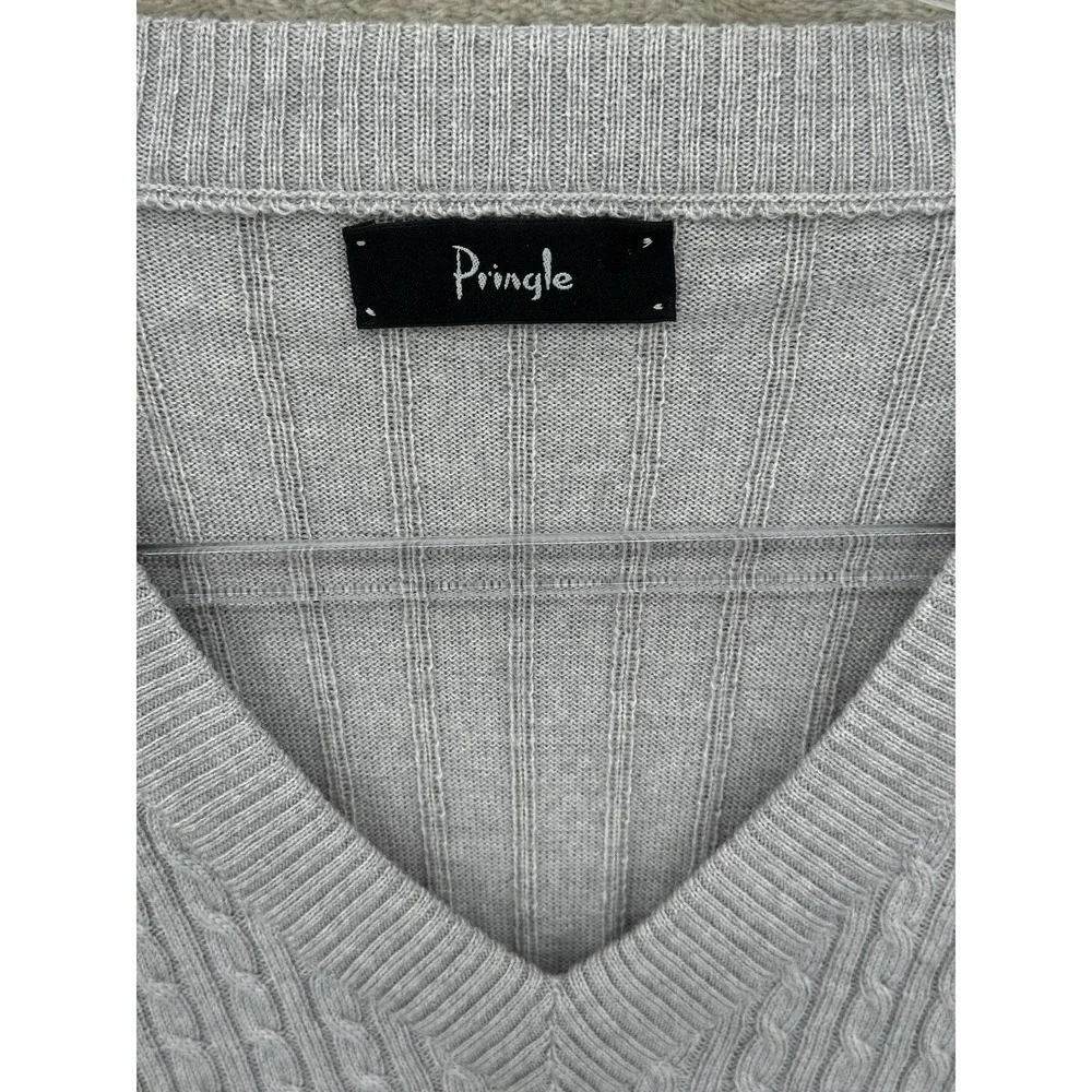 Pringle Sweater‎ Mens 44 Gray V-Neck Cable Knit Wool Pullover Preppy Academia